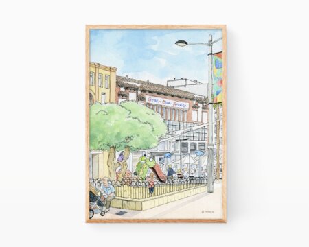Disegni di Gandia. Il Parco Palomitos nel centro storico della città con il Gran Cine Royalty sullo sfondo. Immagine da incorniciare con illustrazione ad acquerello.