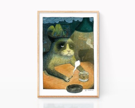 Cats pictures. Print for framing with a decorative sheet with a watercolor illustration of a drunk cat drinking a whiskey in a pub. Funny animal portrait. Artistic poster of Marroiak.