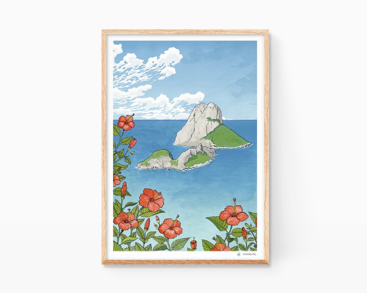Ibiza Art Prints: Es Vedrà illustration and Ibiscus flowers. Travel watercolor poster of Spain and Balearic Islands.