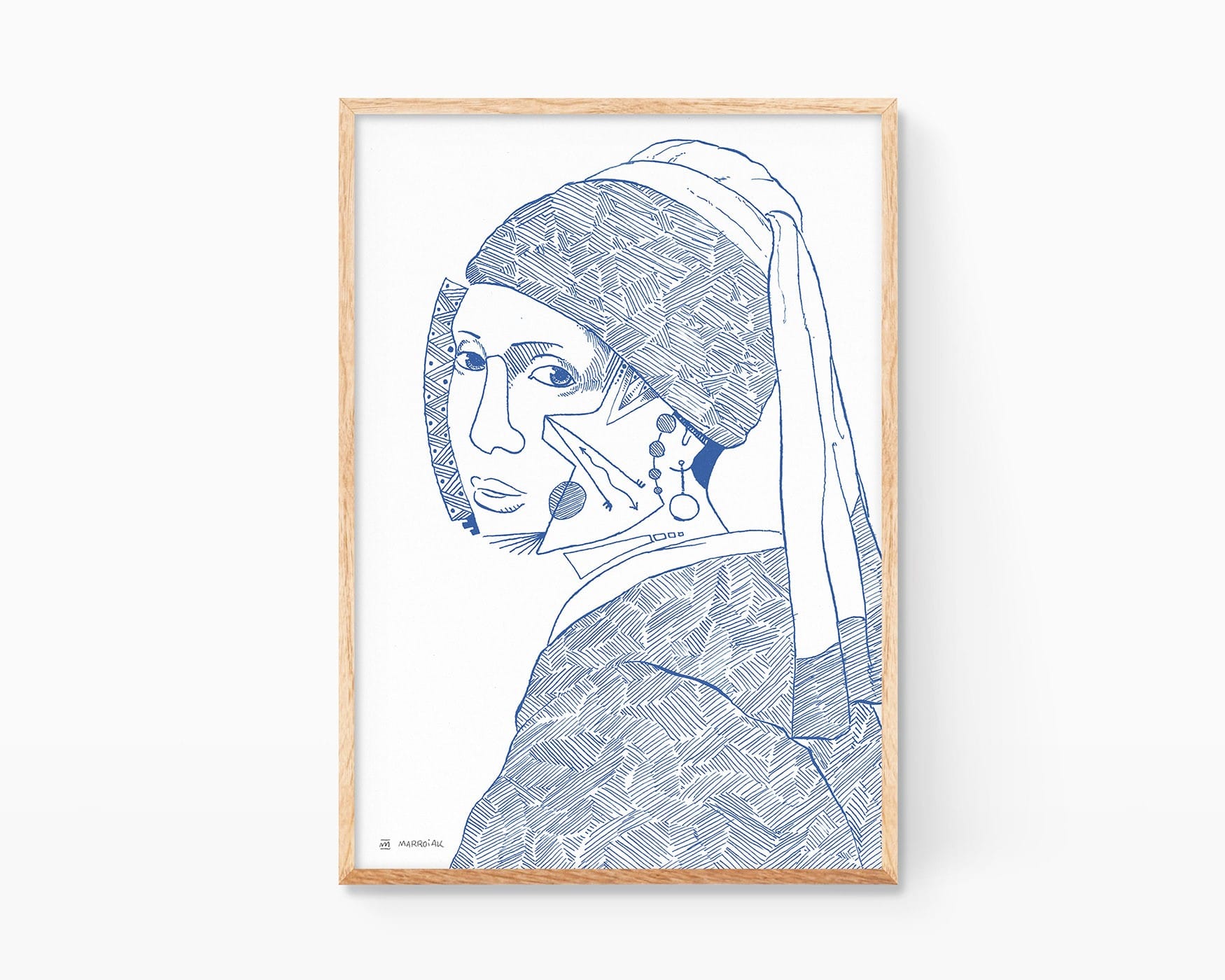 Stampa decorativa da incorniciare del dipinto di Johannes Vermeer "Ragazza con l'orecchino di perla", raffigurante un ritratto di ragazza in stile cubista. Illustrazione blu su sfondo bianco. Design minimalista per l'arredamento di soggiorno e corridoio. Stile cubista moderno. Arte contemporanea.