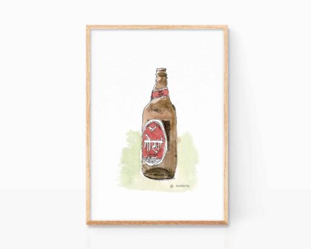 Cuadros decorativos de Nepal. Lámina para enmarcar con un dibujo en tinta y acuarela de la cerveza nepalí Gorka. Decoración exótica de India y Nepal para cocinas, restaurantes y cervecerías. Ilustración de cervezas del mundo, Namaste..