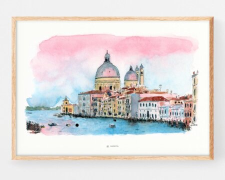 Cuadro decorativo con una ilustración de un paisaje de El Gran Canal en la ciudad de Venecia (Italia). Lámina con un dibujo para enmarcar realizado en tinta y acuarela de estilo rústico y Urban sketchers. Prints disponibles para comprar online. Póster artístico de Marroiak