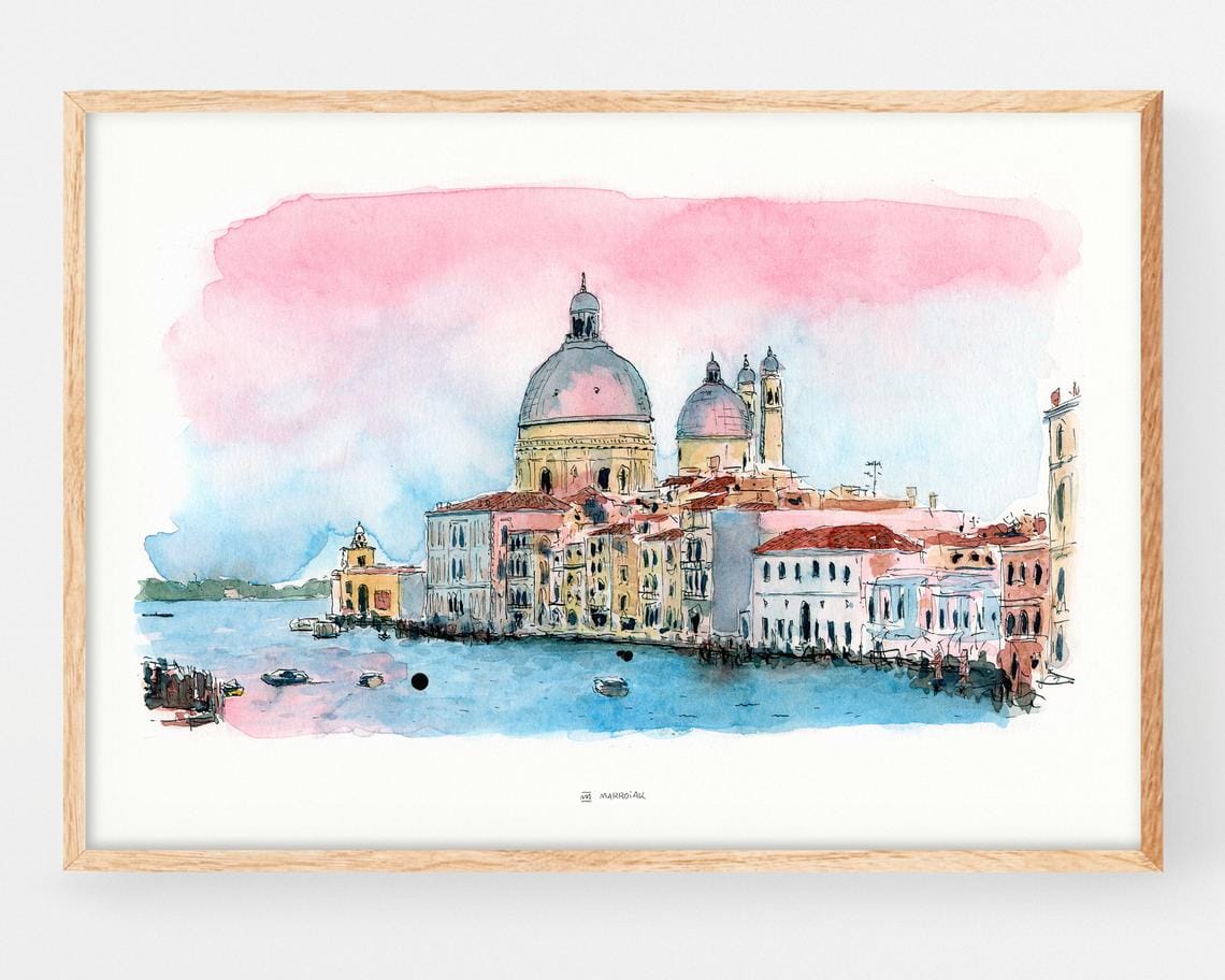 Stampa decorativa con l'illustrazione di un paesaggio del Canal Grande a Venezia, Italia. Stampa con un disegno a inchiostro e acquerello incorniciato, in uno stile da sketcher rustico e urbano. Stampe disponibili per l'acquisto online. Poster artistico Marroiak.