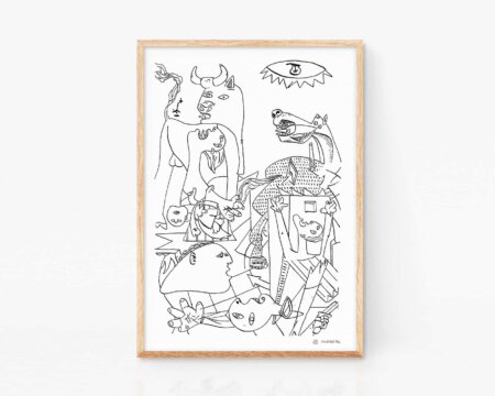 Cuadro decorativo para enmarcar con una lámina (print) en blanco y negro con una ilustración del Guernica, la pintura del artista Pablo Picasso. Obra abstracta cubista. Arte moderno para salón y cocina minimalista y nórdica. Póster artístico de Marroiak