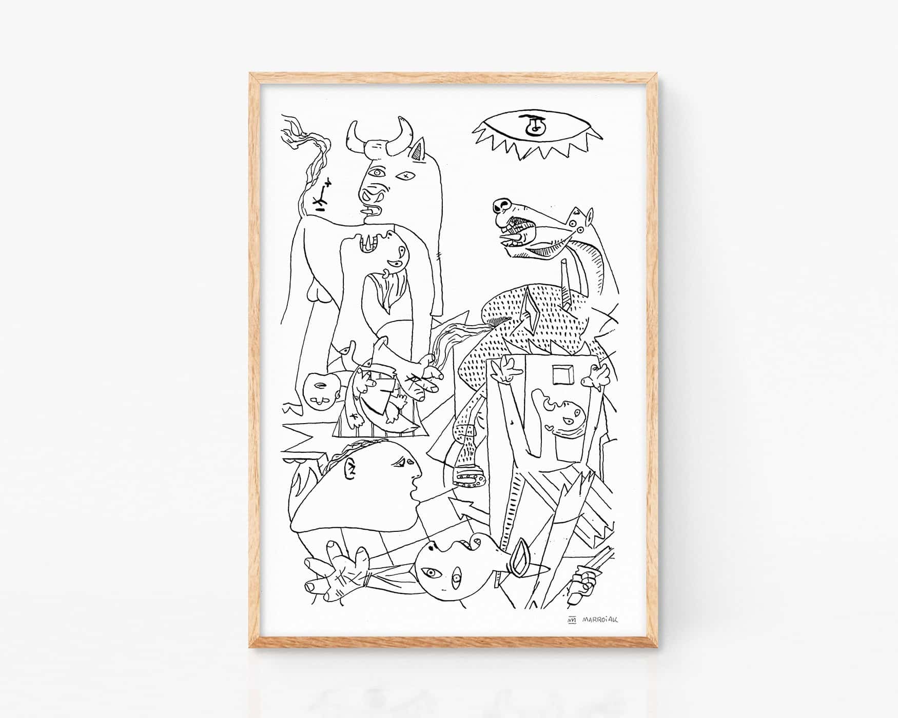 Stampa decorativa incorniciata di un'illustrazione in bianco e nero di Guernica, il dipinto di Pablo Picasso. Opera d'arte cubista astratta. Arte moderna per soggiorni e cucine minimalisti e nordici. Poster artistico Marroiak.
