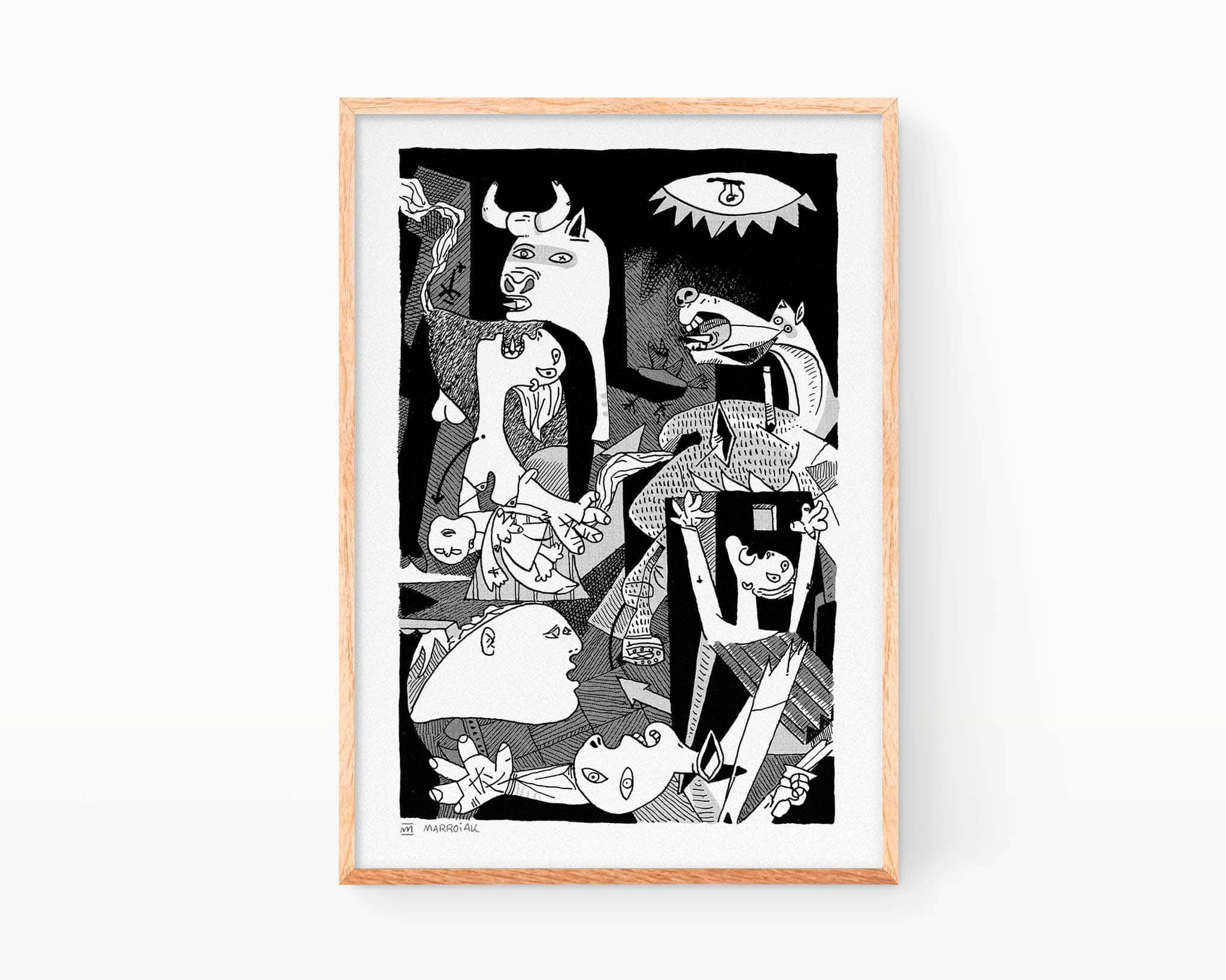 Stampa decorativa da incorniciare, raffigurante una versione in bianco e nero di Guernica di Pablo Picasso, reinterpretata da Marroiak. Questa stampa appartiene alla collezione di arte contemporanea, astratta e cubista.