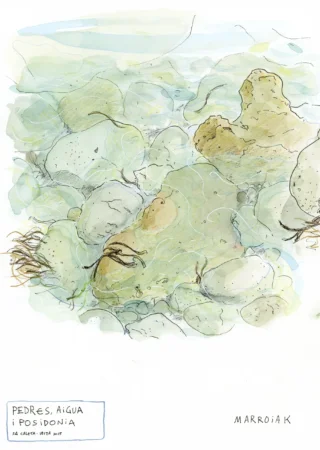 イビサ島、石、水、そしてポシドニア海草を水彩で描いた作品。Marroiakオークション出品作品。