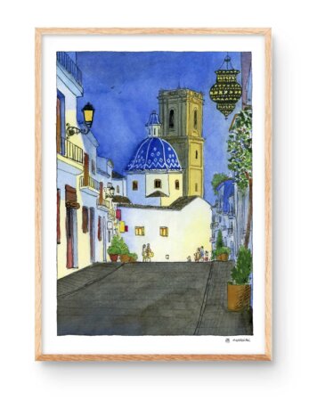 Illustrazione ad acquerello della chiesa di Altea di notte, nel centro storico.