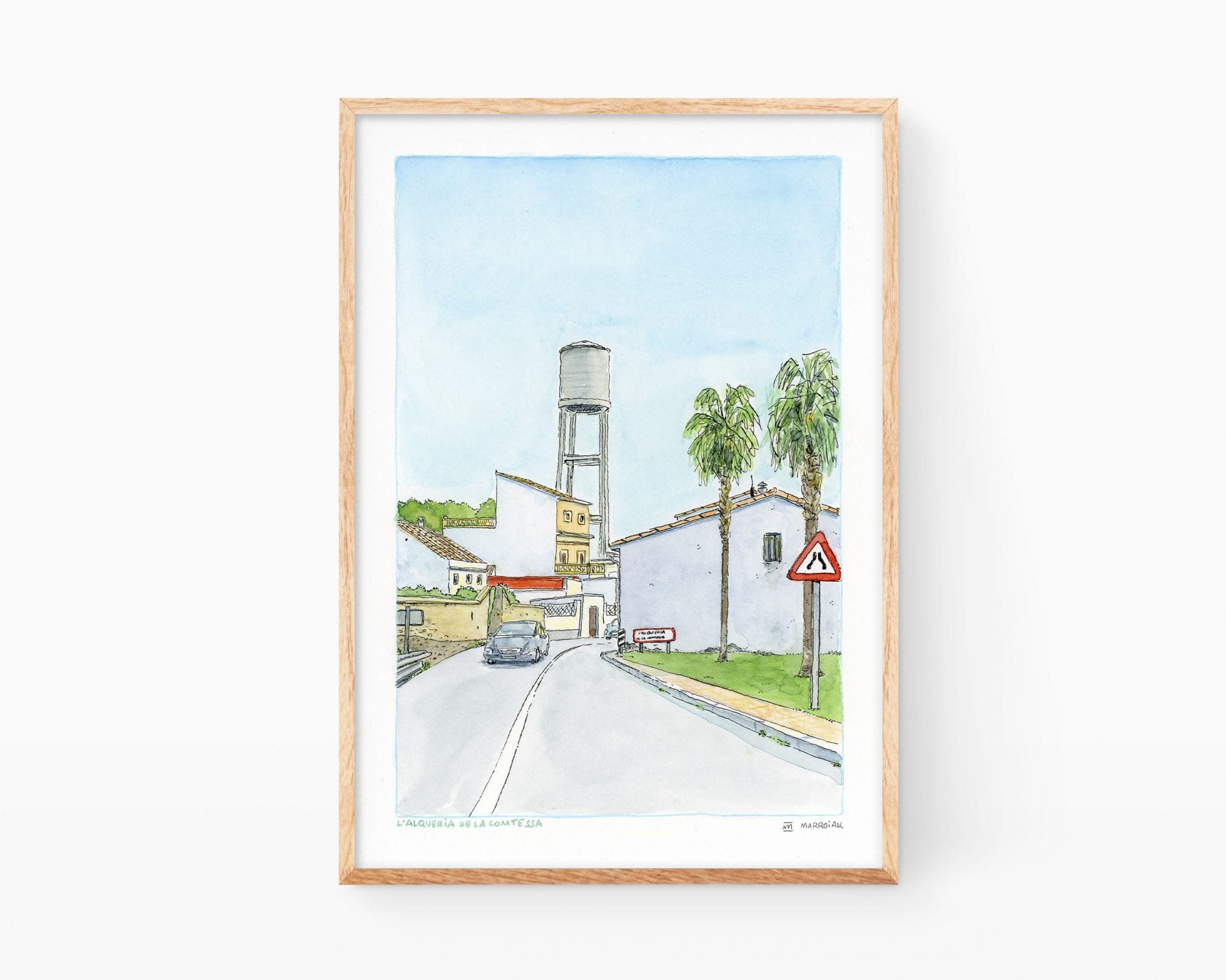 Entrada a l´Alqueria de la Comtessa en la Safor, Valencia. Cuadro decorativo para enmarcar lámina impresa sobre papel fine art de dibujos del sur de la Comunidad Valenciana. Pueblos de la Terreta,