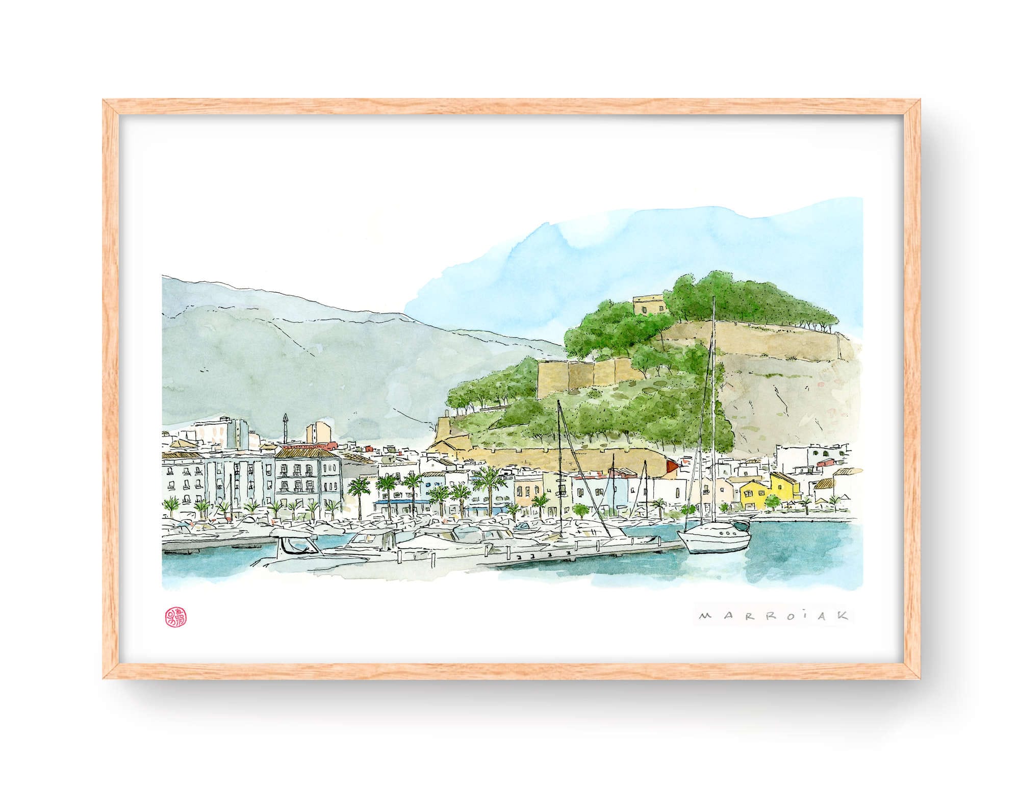 Illustrazione ad acquerello del porto di Denia (Marina Alta).