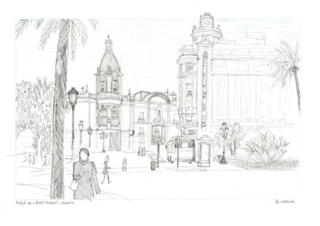 Bocetos de Valencia. Ilustración en blanco y negro de la Plaza del ayuntamiento en la ciudad. Calles, edificios y palmeras