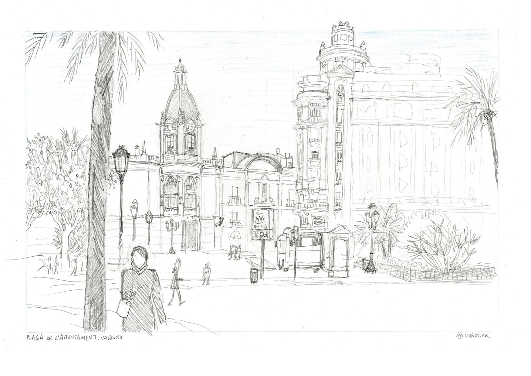 Sketches of Valencia. Black and white illustration of the City Hall Square in the city. Streets, buildings and palm trees