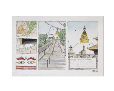 Original ink and watercolor drawing on paper of the city of Kathmandu in Nepal. A dog, a stupa and some monkeys appear.