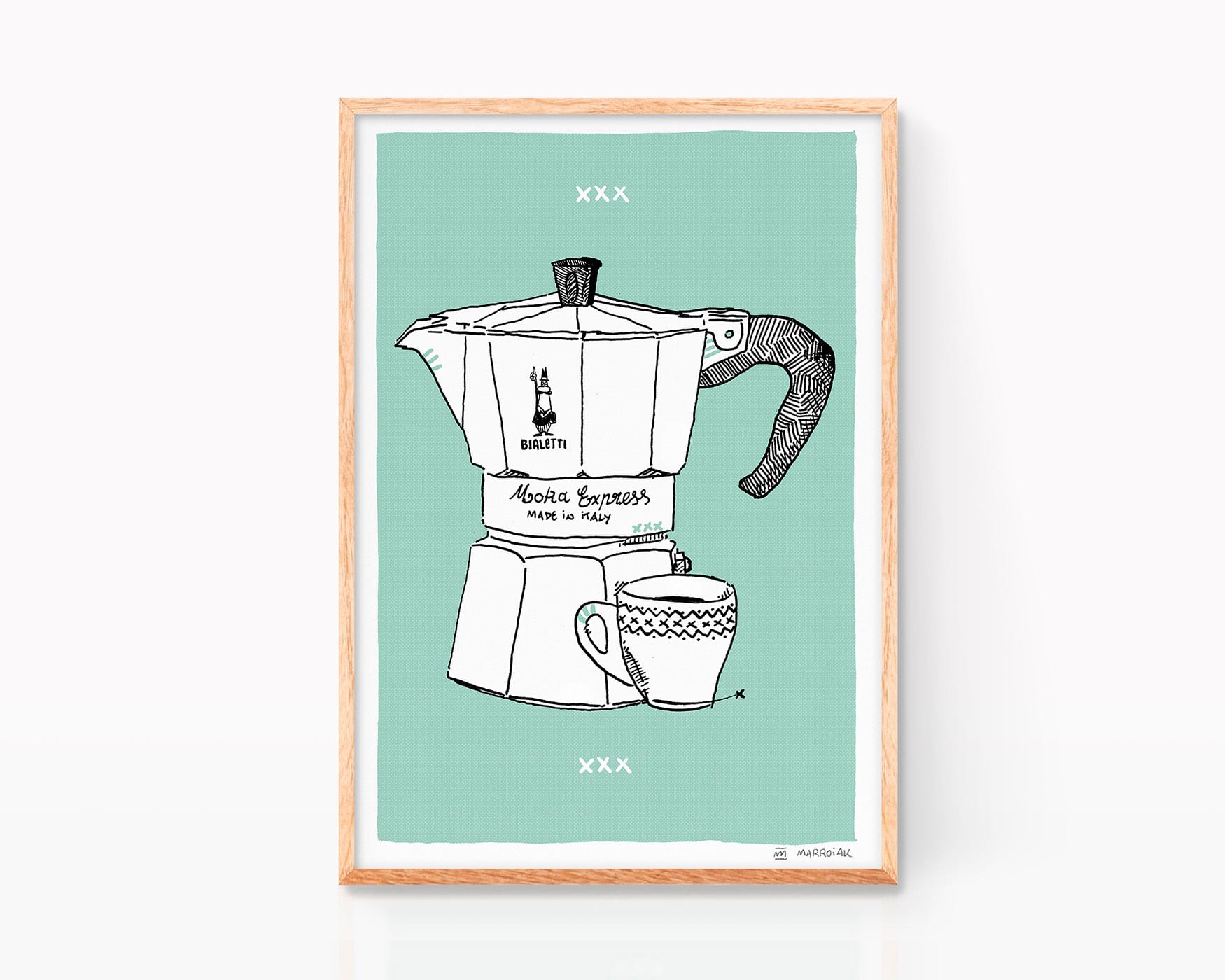 Keukenposter. Een afbeelding, klaar om in te lijsten, met een popart-illustratie van een Italiaanse Bialetti-koffiemachine. Hedendaagse kunsttekening op een turquoise achtergrond in een boho-, Scandinavische en Noordse stijl.