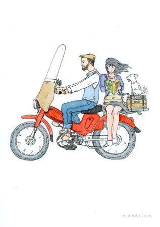 moped couple original drawing art auction