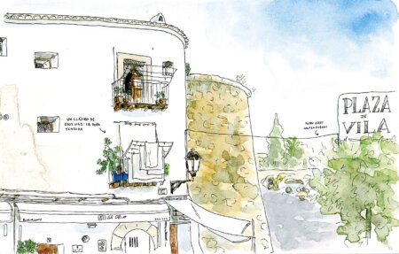 Dipinto decorativo di Dalt Vila, Ibiza, realizzato a inchiostro e acquerello su carta. Schizzi di viaggio di Ibiza e delle Isole Baleari in stile urban sketcher.