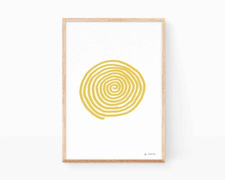 Picture to frame with an illustration of a mustard-colored spiral on white. Minimalist drawings to decorate.