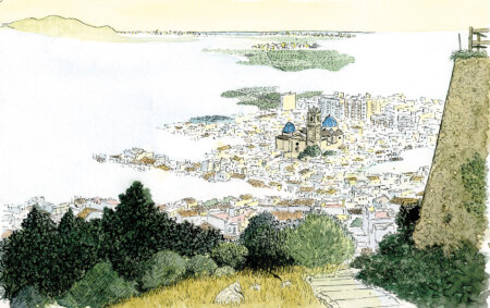 Quadro pronto per essere incorniciato, raffigurante un paesaggio ad acquerello del comune di Oliva (Valencia) che si risveglia tra la nebbia. Illustrazioni originali della regione di Safor basate su fotografie.