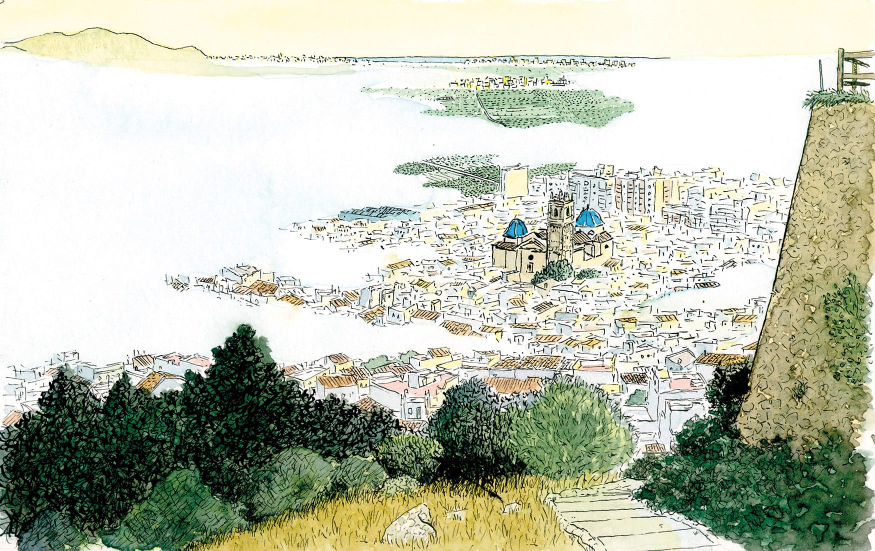 Picture to frame with a drawing of a landscape in watercolor of the town of Oliva (Valencia) waking up in fog. Original illustrations of La Safor based on photos.