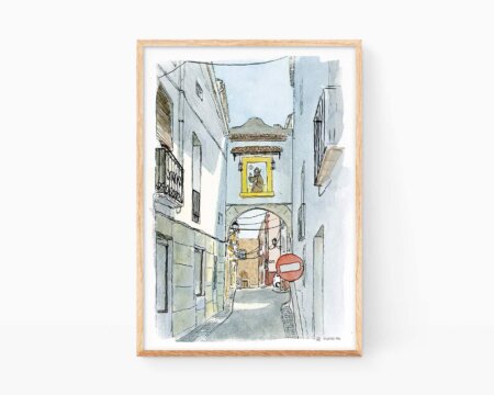 Picture to frame with a watercolor drawing of a typical street of the town of Oliva in La Safor (La terreta) in the province of Valencia. Drawings and photos of Oliva town (La Safor)