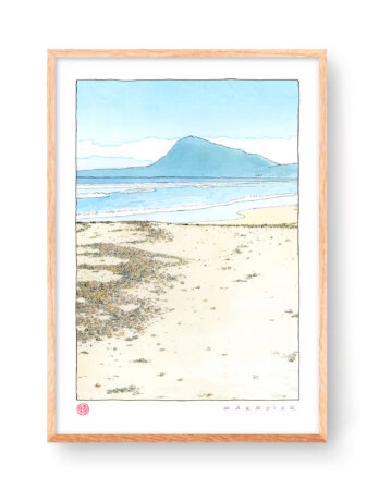 デニアとアリカンテの風景画プリント。額装に最適な装飾画で、オリバビーチから見たモンゴ山(デニアとハベアにまたがる)の水彩画風景が描かれています。ラ・テレタのギフトやお土産に最適です。