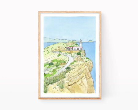 Print with a watercolor illustration of the natural park of sierra helada in Benidorm (Alicante).