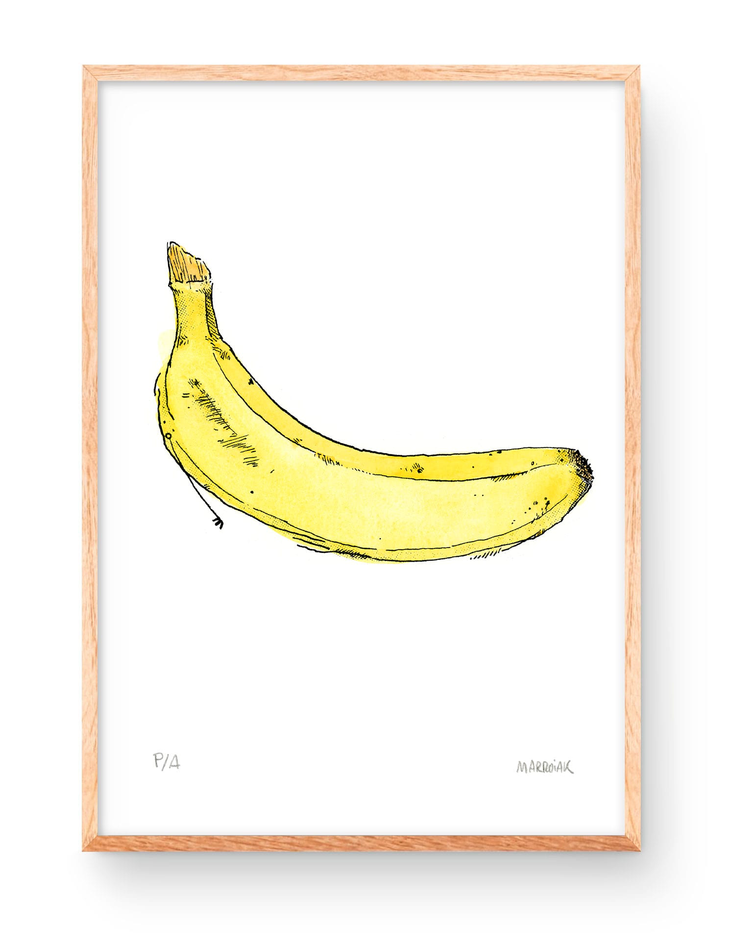 Illustrazione di una banana, stampata ad acquerello e inchiostro. Stampa firmata, edizione limitata e numerata.