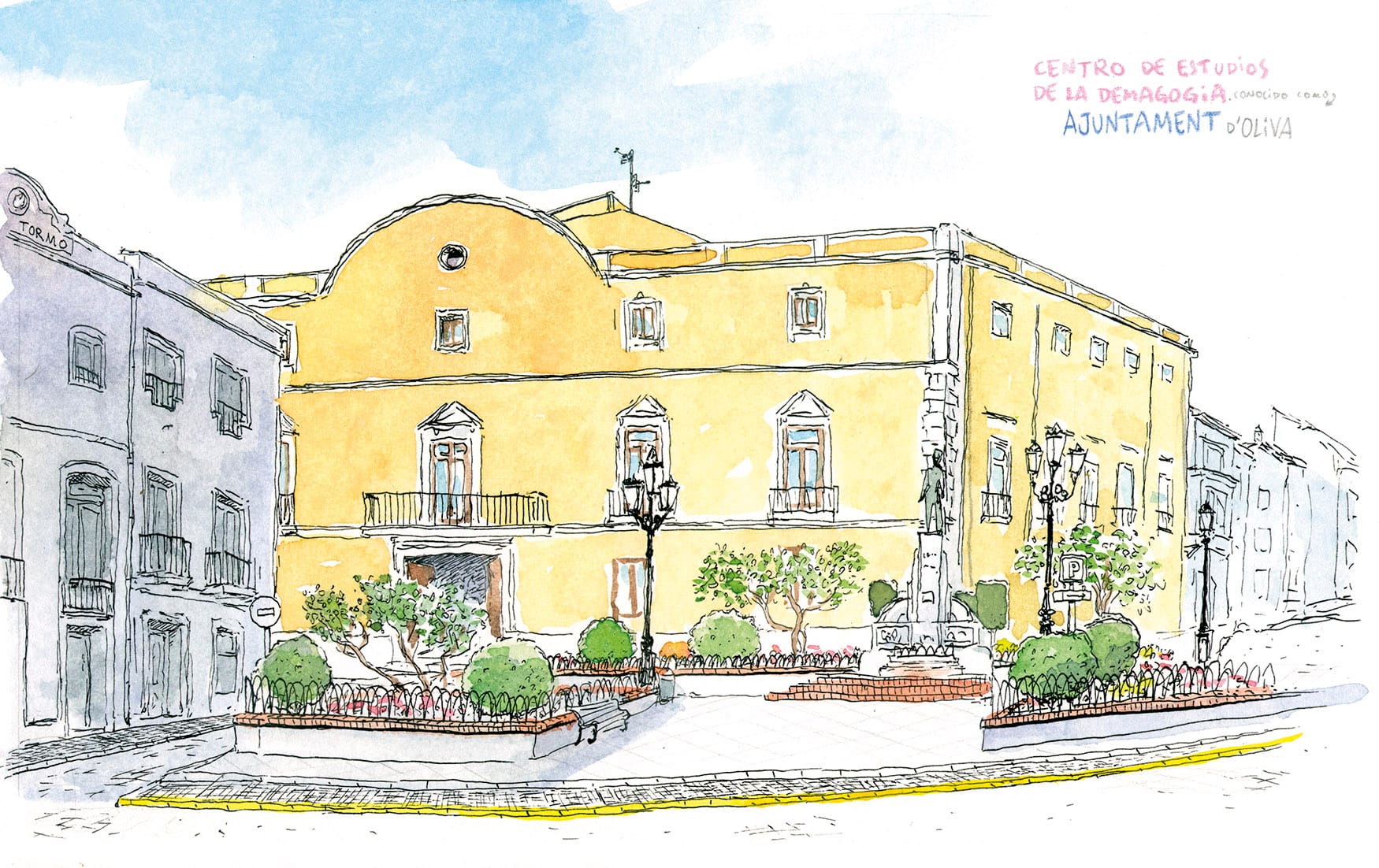 Stampa decorativa con l'illustrazione del municipio di Oliva, in provincia di Valencia e nella regione di Safor.