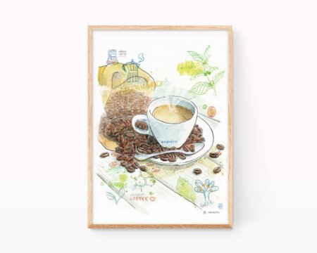 Stampa decorativa per la cucina con un disegno ad acquerello di una tazza di caffè e chicchi. L'opera è pronta per essere incorniciata. Poster artistico Marroiak.