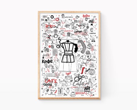 Decorative picture to frame with a drawing of coffee and coffee pots for kitchens and cafes. Illustration in black and white. Doodle Art poster of Bialetti, Lavazza and graffiti style urban art.