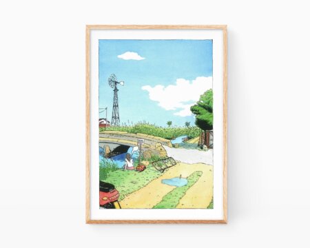 Cuadro decorativo estilo ukiyo-e mediterráneo con una mujer fumando frente a un río del Parc Natural de la Marjal Pego-Oliva en la comunidad Valenciana. Póster artístico de Marroiak