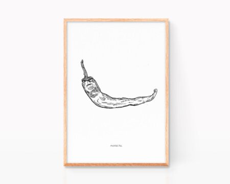 Decorative kitchen print with a black and white illustration of a hot chili pepper. Picture to frame with drawings of chili peppers, fruits and vegetables available to buy online. Minimalist and Nordic style decoration.