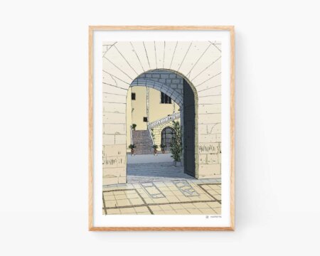 Stampa Gandia del Palazzo Ducale Borgia. Ingresso al palazzo disegnato a inchiostro e colore digitale. Souvenir di Valencia. Città di La Safor