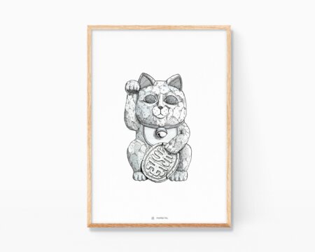 Decorative picture Illustration of a Japanese Maneki Neko lucky cat. Art print. Drawings of cats.