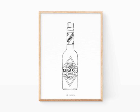 Cuadro en blanco y negro para cocinas. Lámina para enmarcar con un dibujo de una botella de Tabasco típico de gastronomía americana y mexicana picante. Ilustración exclusiva venta online