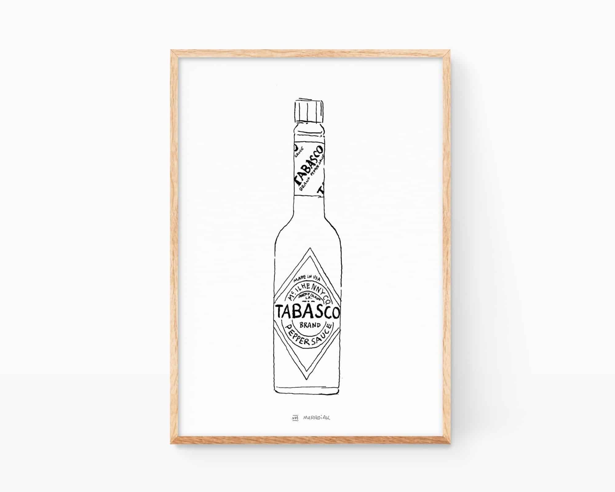 Zwart-wit print voor in de keuken. Inlijstbare print met een tekening van een fles Tabasco, een typische pittige saus die veel gebruikt wordt in de Amerikaanse en Mexicaanse keuken. Exclusieve illustratie, online verkrijgbaar.