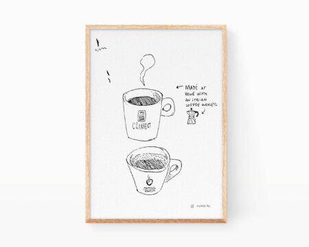 Schizzo in bianco e nero di singoli caffè delle varietà Climent e Brasilia.