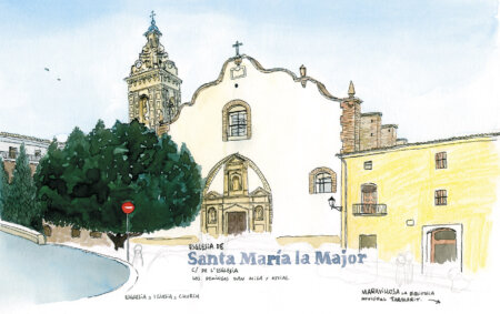 Stampa da incorniciare raffigurante l'illustrazione della Chiesa di Santa Maria nella città di Oliva, Valencia. Acquerello in stile urban sketcher. Foto e disegni della spiaggia e della città di Oliva.
