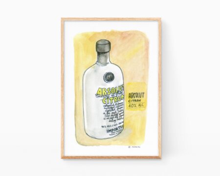 Stampa decorativa per la cucina con illustrazione ad acquerello di una bottiglia di vodka Absolut Citron. Disegni economici da incorniciare.