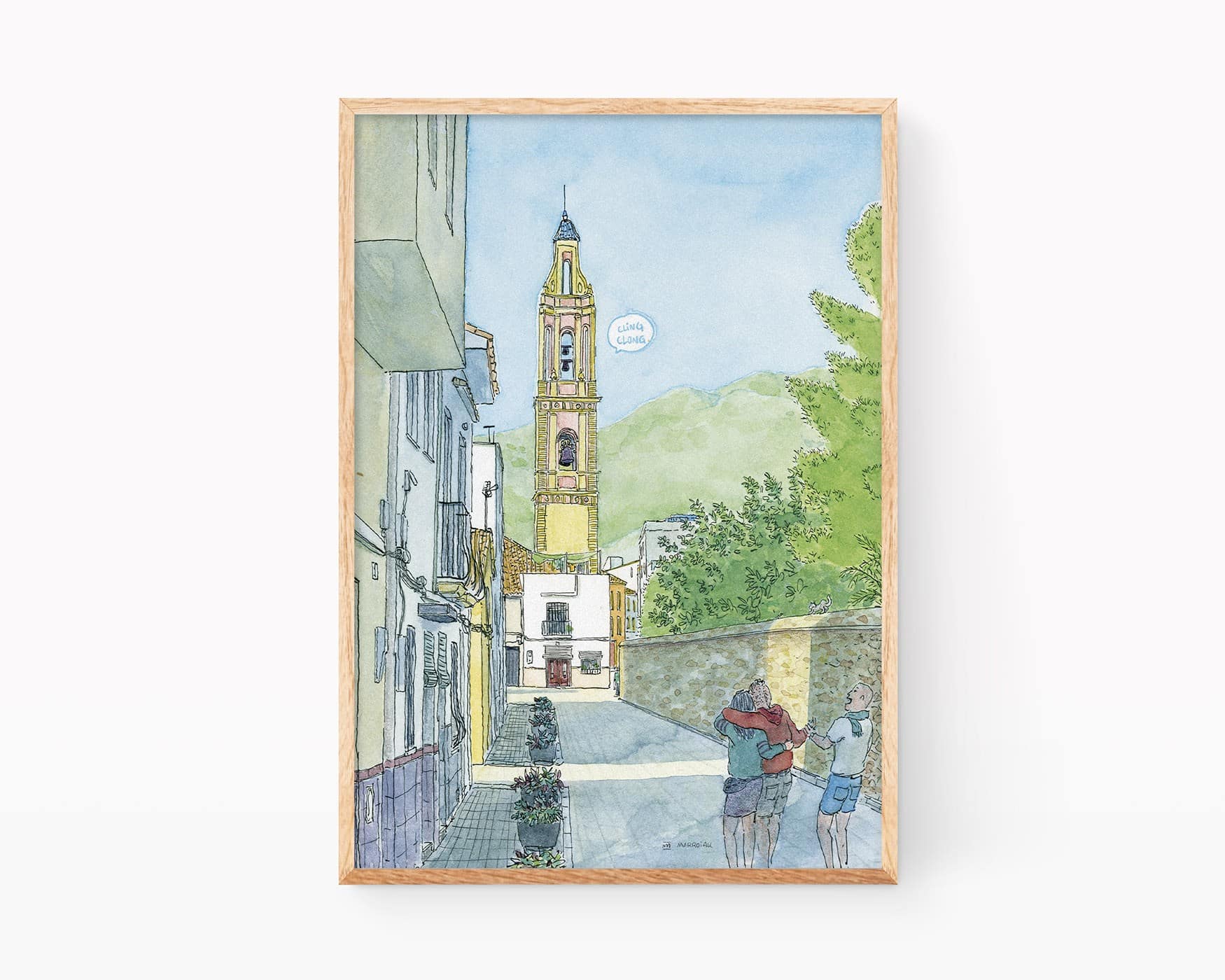 Disegni di villaggi a La Safor, Valencia. Stampa con illustrazione ad acquerello della Chiesa di San Lorenzo nel comune di Benirredrà. Schizzi della Spagna nello stile degli Urban Sketchers.