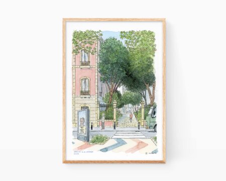 Decorative framing picture with an illustration in watercolor and ink of the Casa de la Marquesa in the city of Gandia (Valencia). Sketches of villages of La Safor Safor