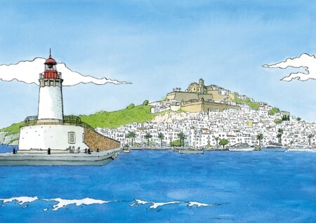 Dipinti paesaggistici di Ibiza. Stampa decorativa da incorniciare con un'illustrazione ad acquerello del Porto di Ibiza, della Marina e di Dalt Vila sull'isola di Ibiza. Stampa esclusiva disponibile per l'acquisto online. Poster artistico Marroiak.