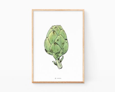 Decorative picture for kitchen with a drawing of an artichoke. Illustrations of fruits and vegetables for framing.