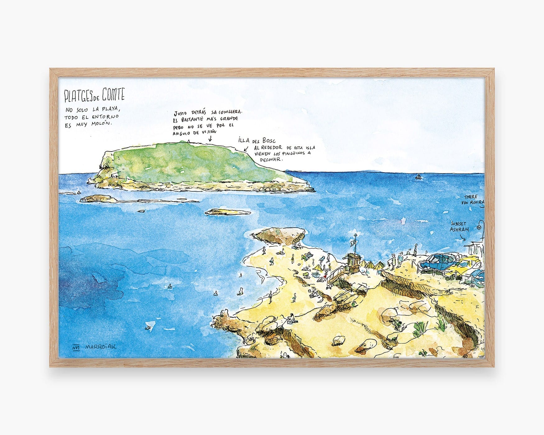 Drawing Ibiza Island. Decorative picture to frame with a watercolor illustration of Cala Comte beach in the municipality of Sant Josep de Sa Talaia (Eivissa). Watercolors of beaches.