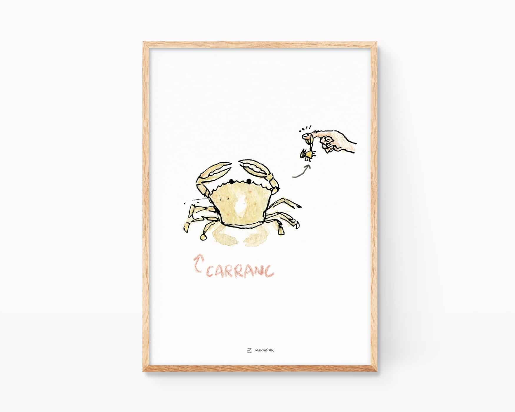 Quadro decorativo con acquerello raffigurante un granchio di spiaggia. Decorazione nordica, scandinava e divertente.