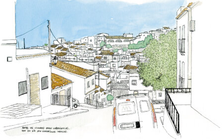 Decorative painting with a watercolor illustration of the mountain street in the municipality of Oliva, Valencia. Municipality of the Valencian community. Photos and drawings of Oliva town.