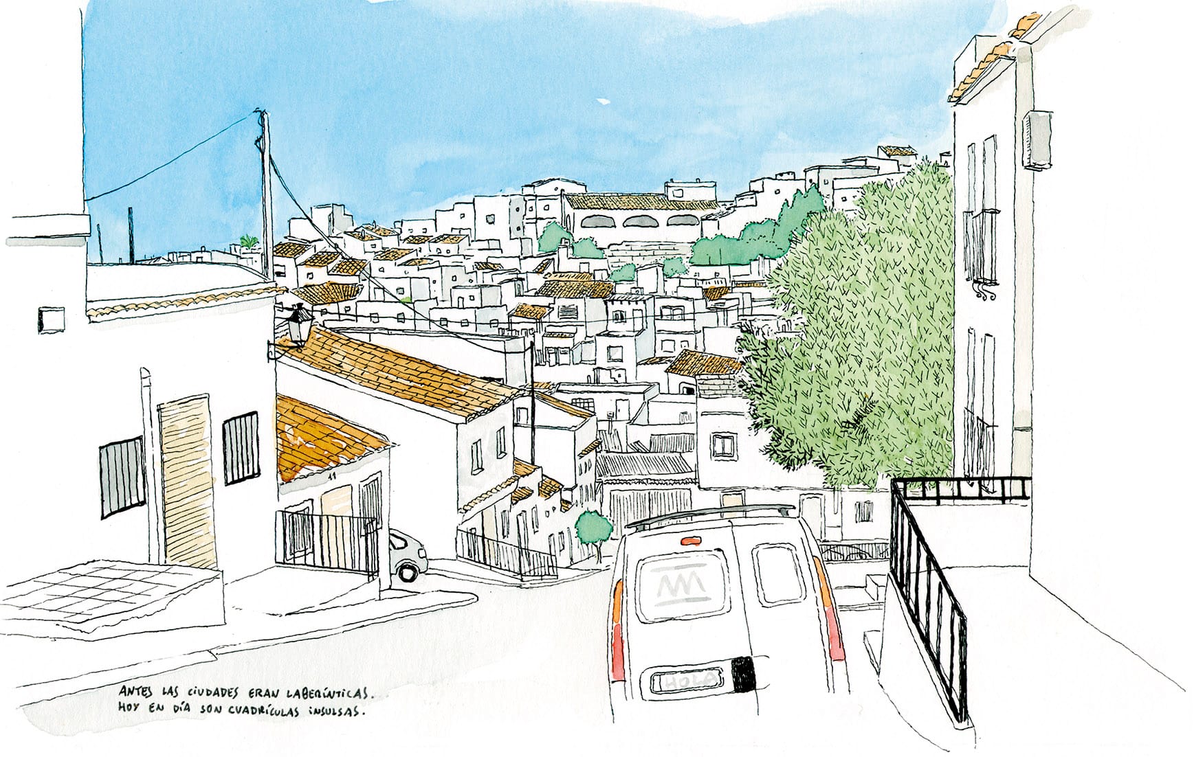 Decoratief schilderij met een aquarelillustratie van een bergweg in de gemeente Oliva, Valencia. Gemeente in de regio Valencia. Foto's en tekeningen van de stad Oliva.