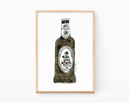 Poster con l'illustrazione di Birra Moretti, una birra italiana. Grafica per bar e birrifici.