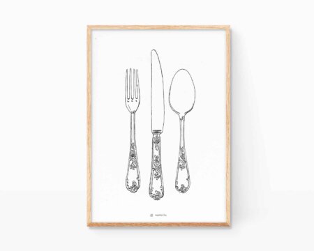 Illustration of kitchen cutlery. Decorative picture for kitchens with a print for framing in black and white. Knife, fork and spoon appear. Posters for boho and vintage style houses.