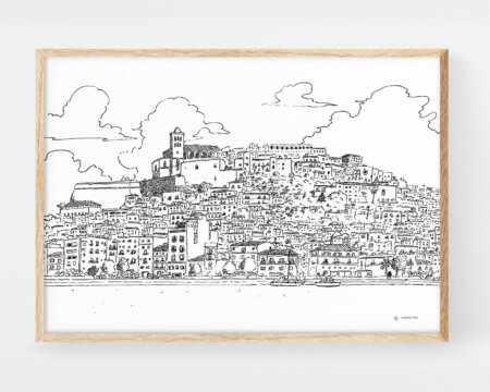 Pictures of Ibiza. Decorative print to frame with a black and white drawing of Dalt Vila. Illustrations (prints) of landscapes of Spain and the Balearic Islands in urban sketchers style. Souvenirs to give as gifts. Artistic poster by Marroiak